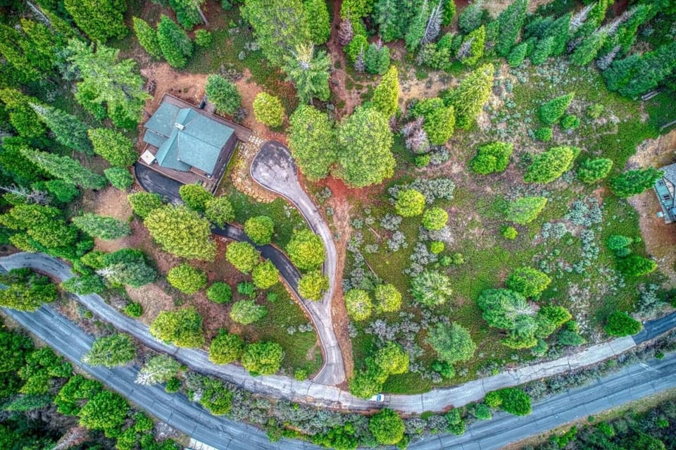 Aerial view looking down at the cabin and the driveway