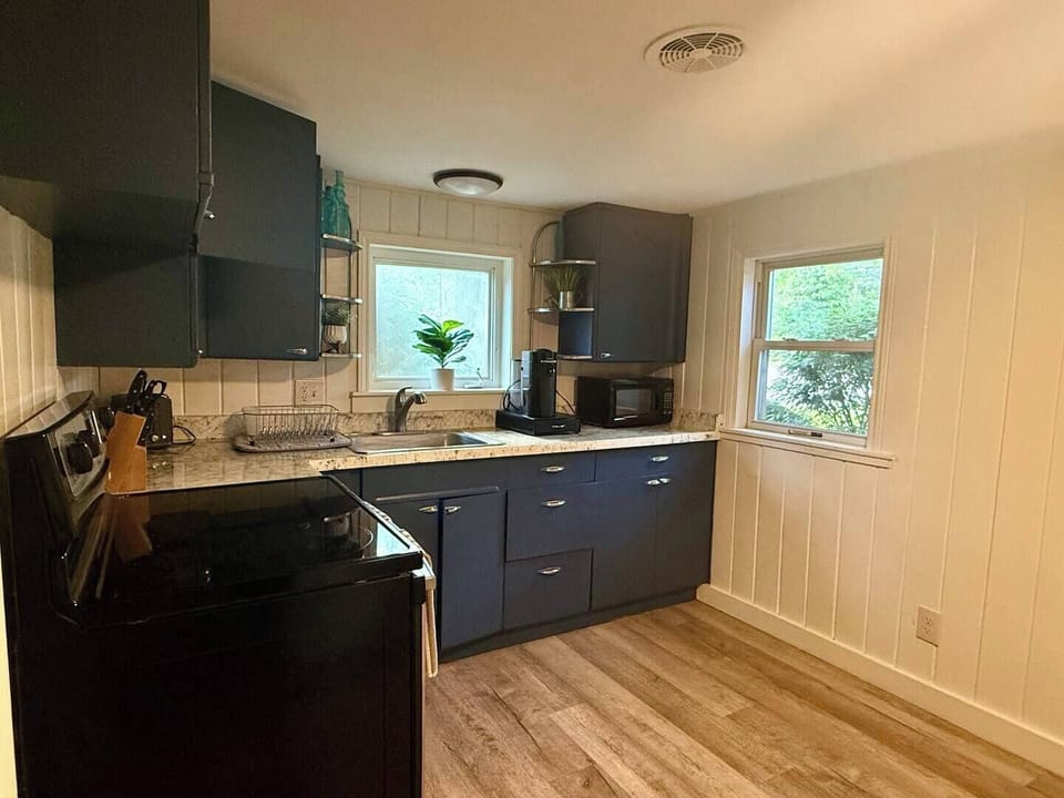 This modern, cozy studio apartment features a well-equipped kitchen with bar seating, a comfortable living area with stylish furniture, accentuated by a vibrant blue wall and natural lighting