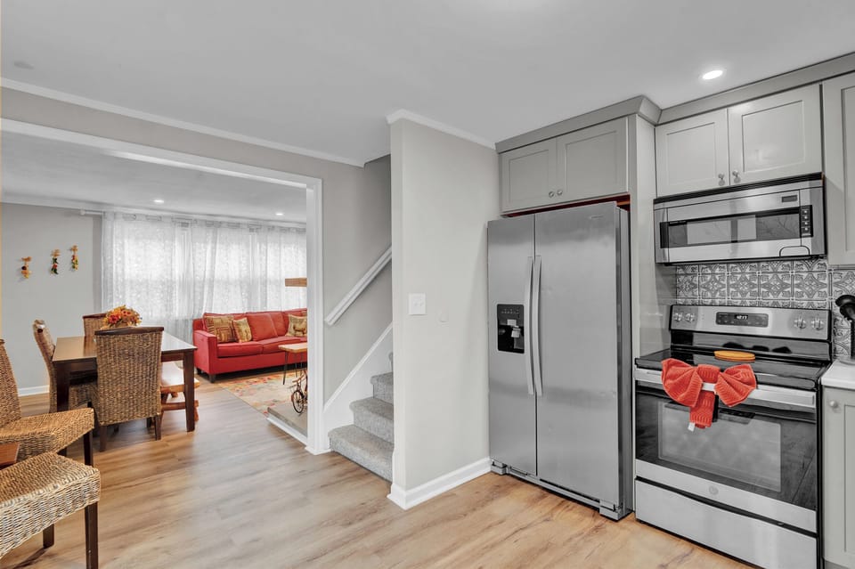 The kitchen opens beautifully to the dining and living room
