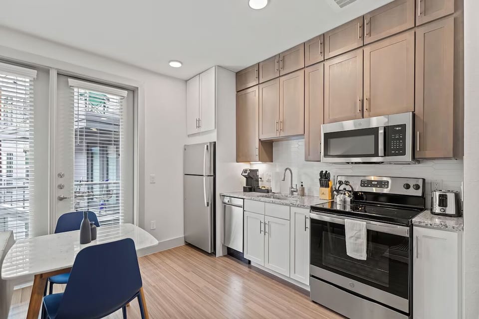 Prepare full meals with stainless appliances and generous counter space.
