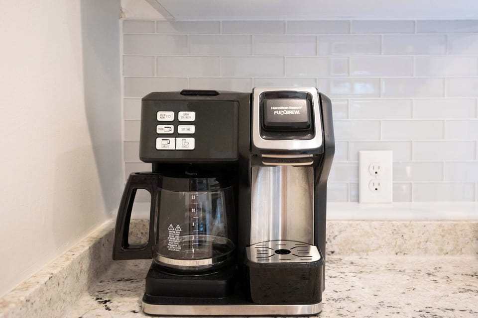 Hamilton Beach FlexBrew dual coffee maker: brew a single cup or a full pot. Coffee and filters provided for your first morning.