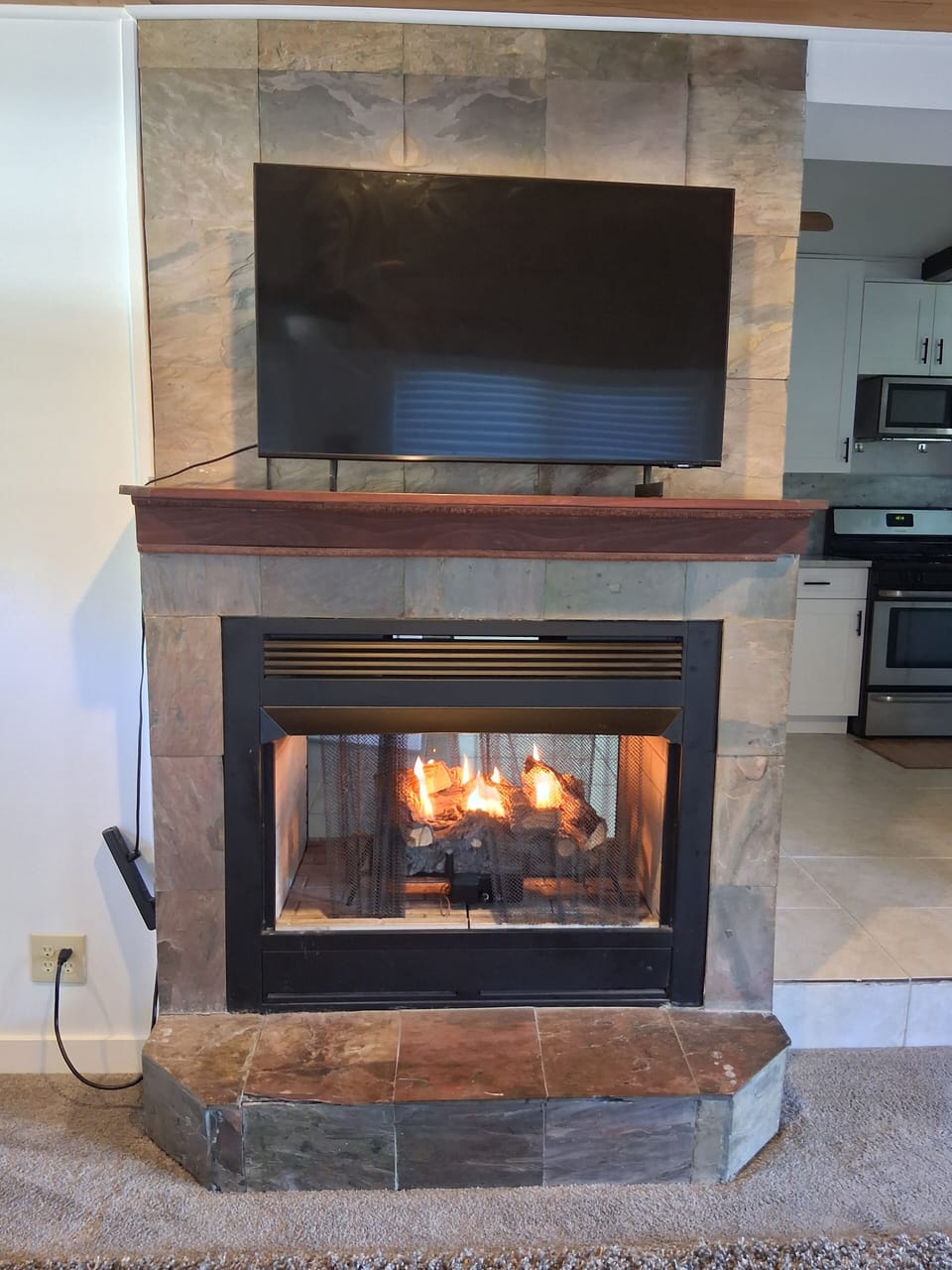 Sun room/living room with gas fireplace.