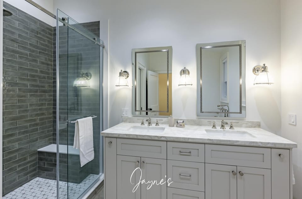 Modern bathroom with sleek glass shower and double vanity