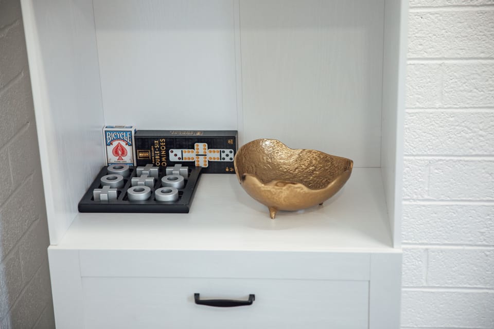Cards, tic-tac-toe, dominos and extra linens for your queen sleeper 