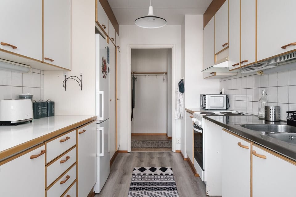 The fully equipped kitchen includes everything you need for cooking: oven, stove, microwave, coffee maker, electric kettle and refrigerator.