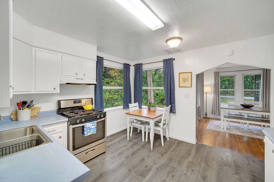Kitchen view of the dining room. 
