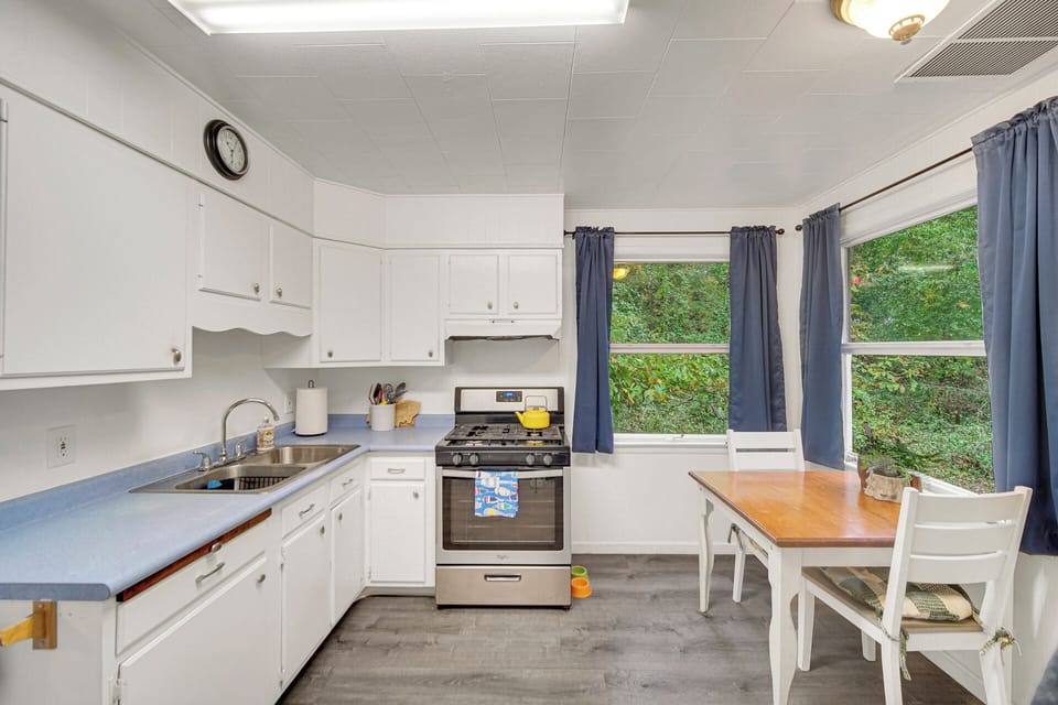 Kitchen views to the outside with views of the rhododendron bush that blooms beautifully in the summer.  