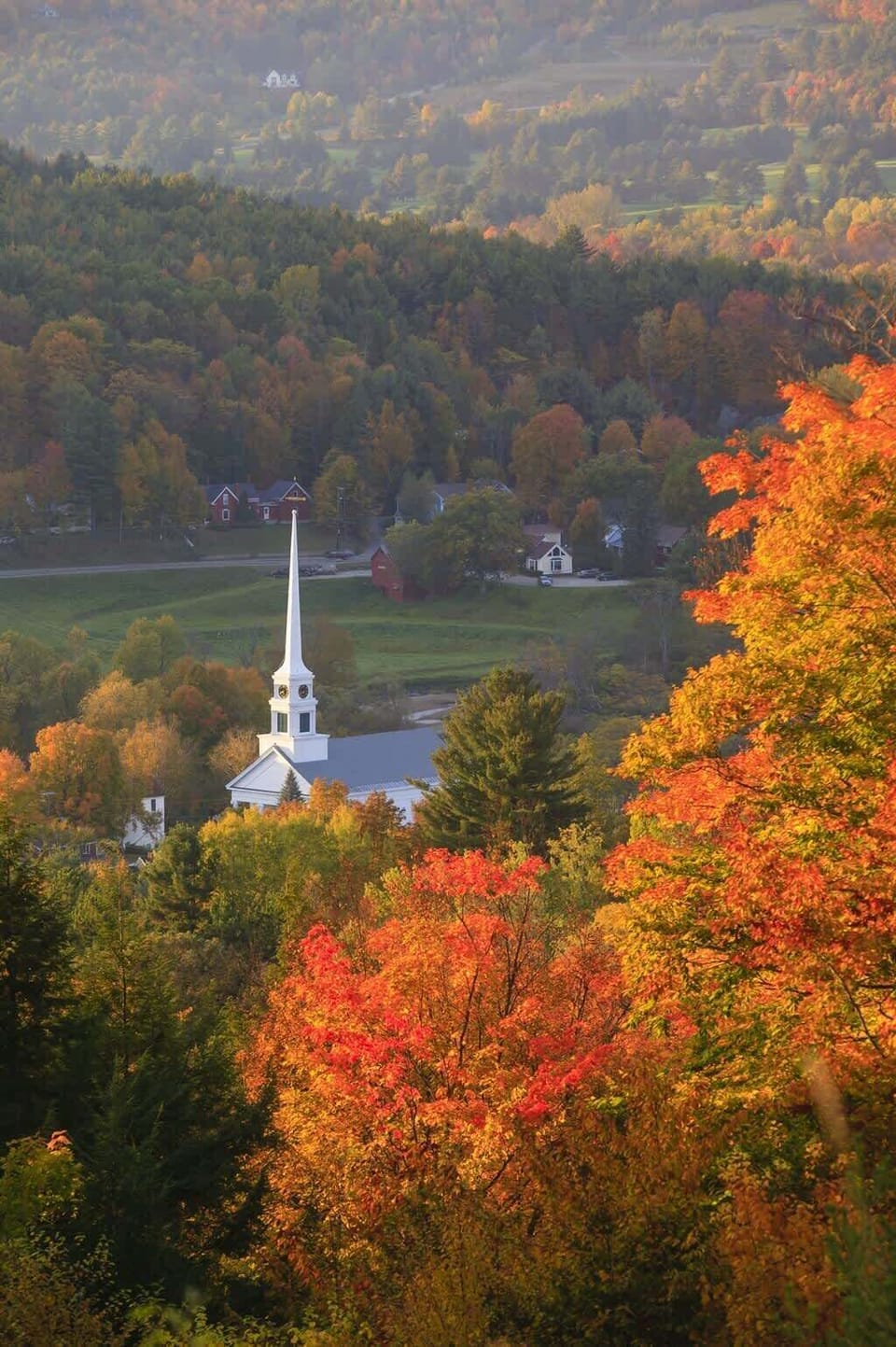 The historic town of Stowe Village in fall