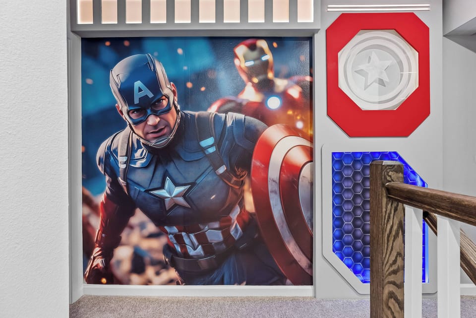 Experience a vibrant play area featuring a stunning superhero mural that sparks joy and nostalgia. This lively space welcomes guests of all ages to unleash their creativity and make unforgettable memories together.