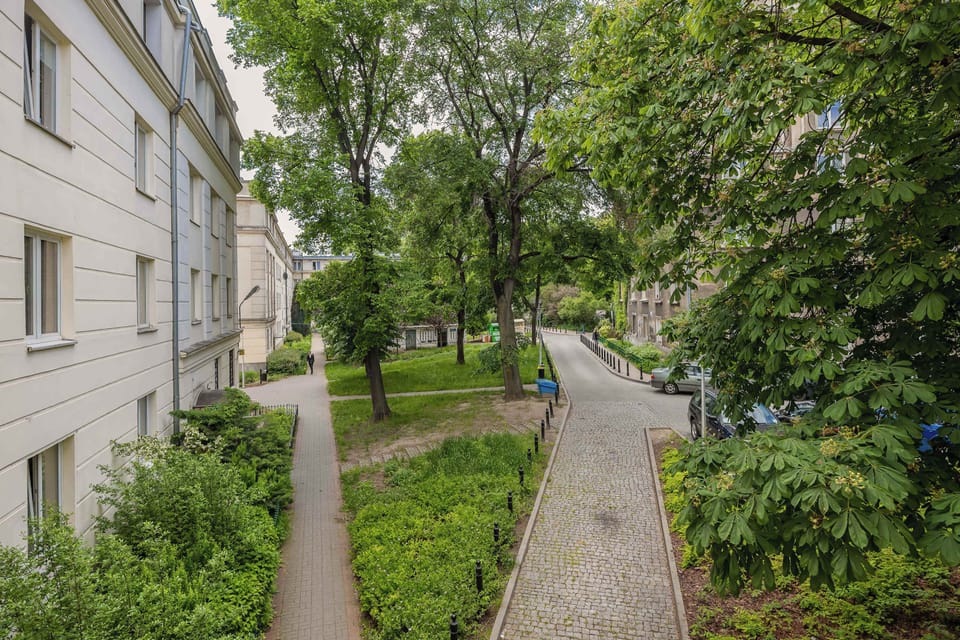 A view of the green courtyard from the building, showing a paved walking path and lush trees. The space is peaceful and inviting.