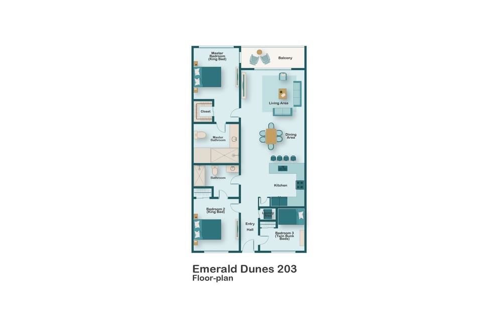 Floorplan for Emerald Dunes 203.This is an updated, spacious, well-appointed condo at the coveted, low-density, BEACHFRONT Emerald Dunes complex in Crystal Beach!