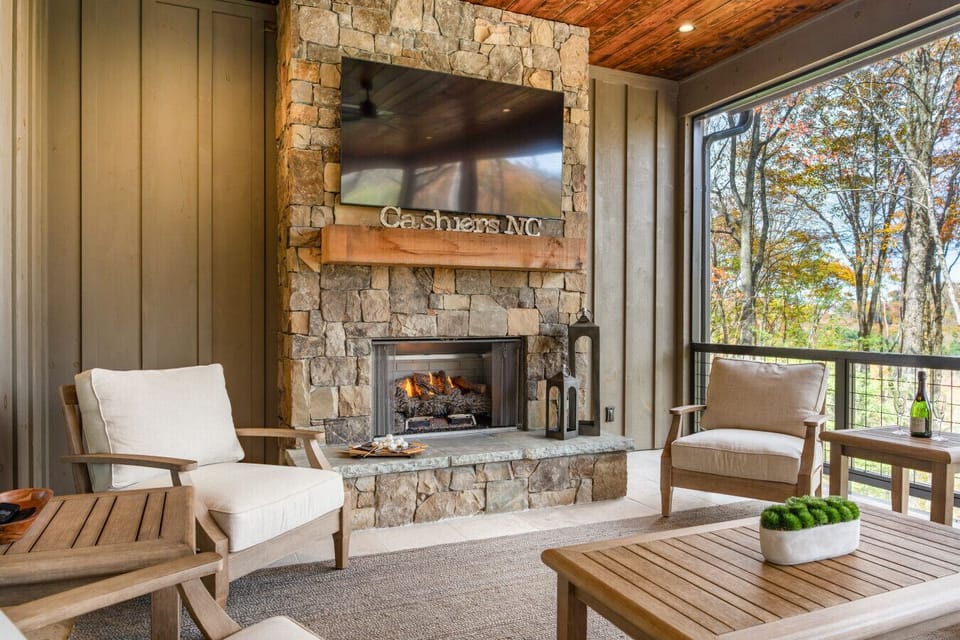Screened Porch | Stone Fireplace | Outdoor Seating | Scenic Views