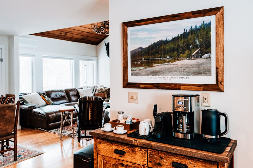 Coffee bar with 14-cup drip coffee, Nespresso, and hot water kettle