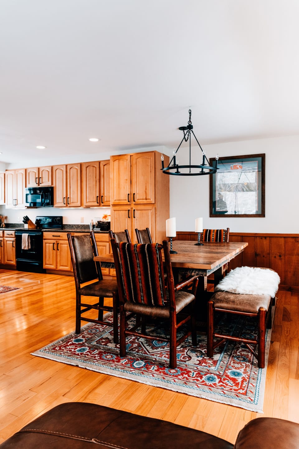 Custom dining set for 8 made from 100+ yr old reclaimed oak + hickory chairs
