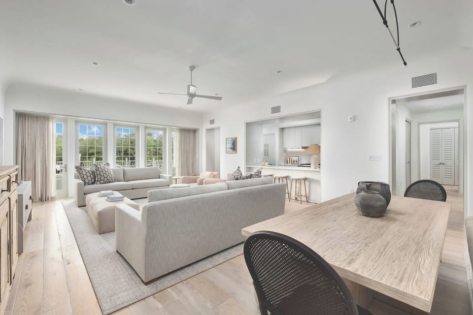 Host easy meals at the long table in bright comfort.