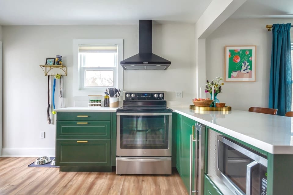 There is plenty of room to gather around a cheese board and chill your wine in the wine fridge.