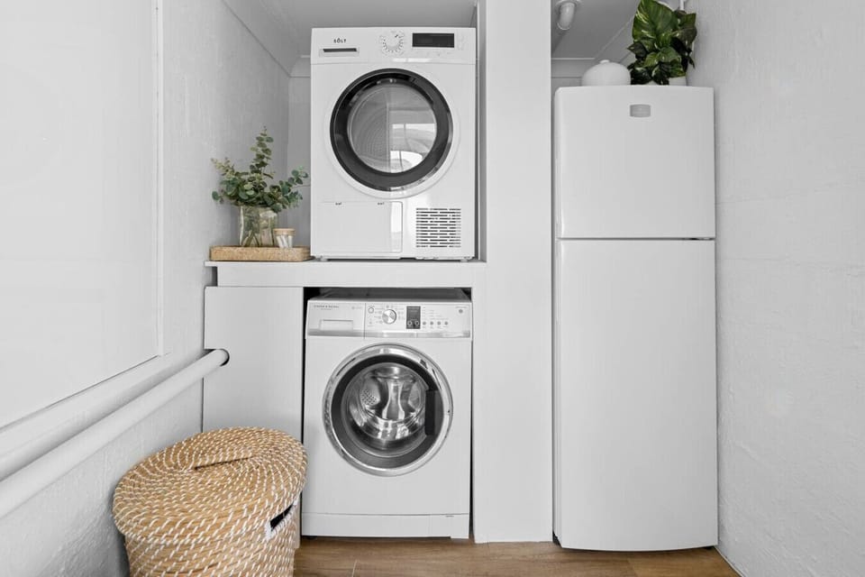 Washing machine (with Washing machine (with detergent), dryer, and fridge/freezer ), and dryer.Fridge/freezer.