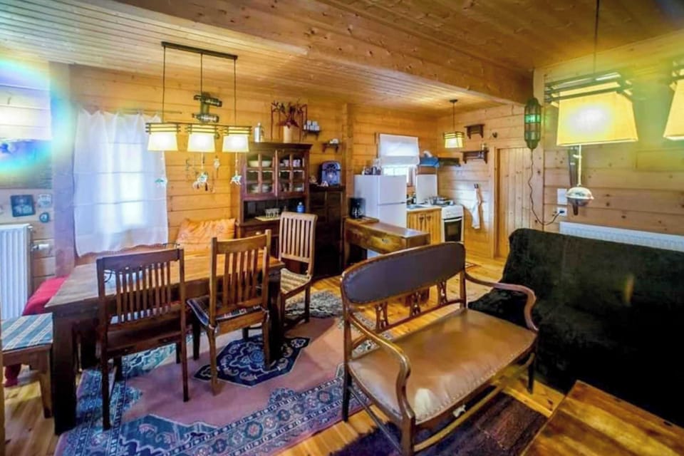 Traditional living room with rustic décor. Wood beams, patterned rugs and ambient lighting create authentic mountain countryside charm.