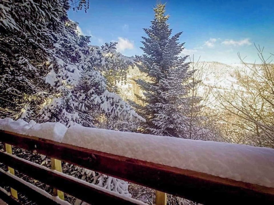 Stunning mountain views from the balcony, where you can enjoy morning coffee above the snowy treetops.