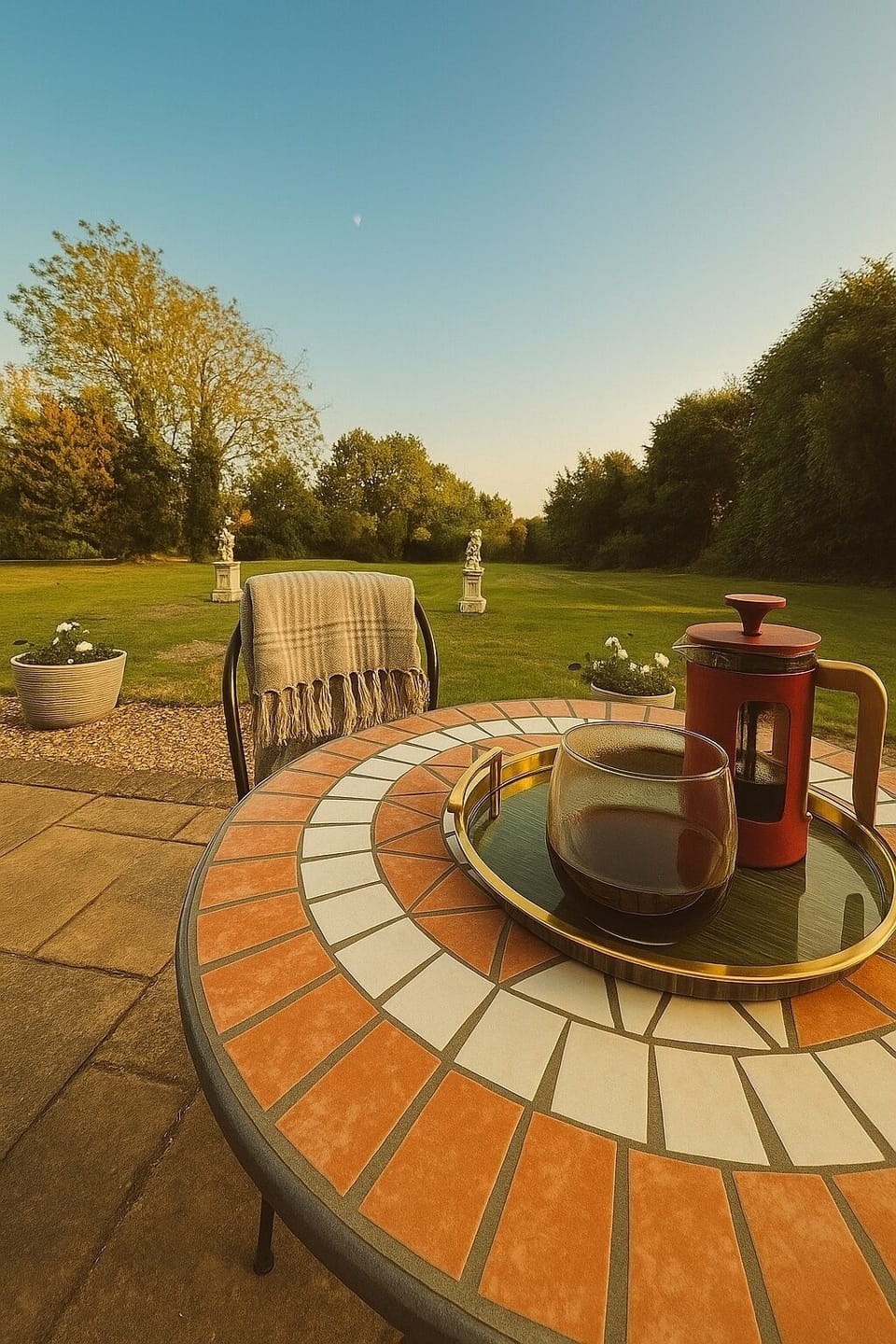 Early evening coffee on the terrace with a blanket  as the sun goes down