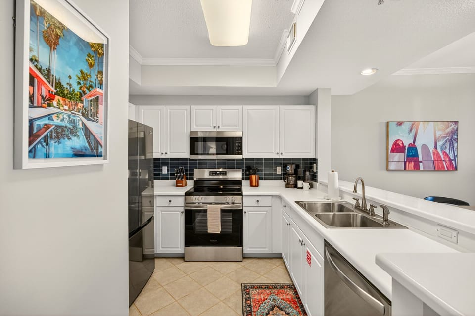 We have brand new stainless steal appliances with our fully stocked kitchen.
