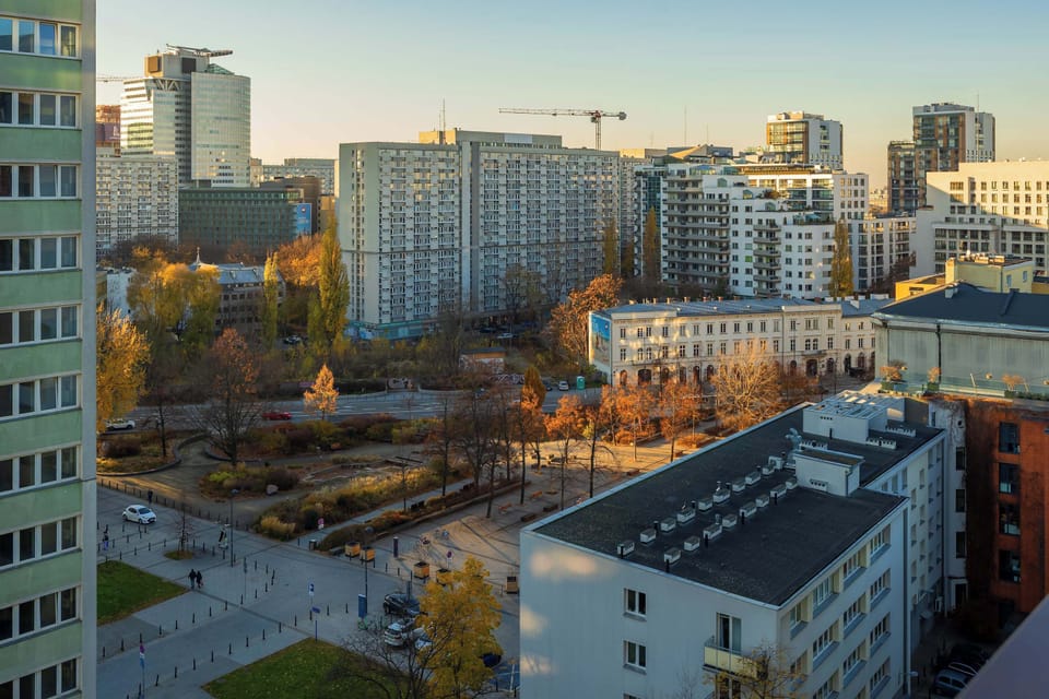 A cityscape view showing modern buildings and a tree-lined street. The sunlight brings out the architectural details.