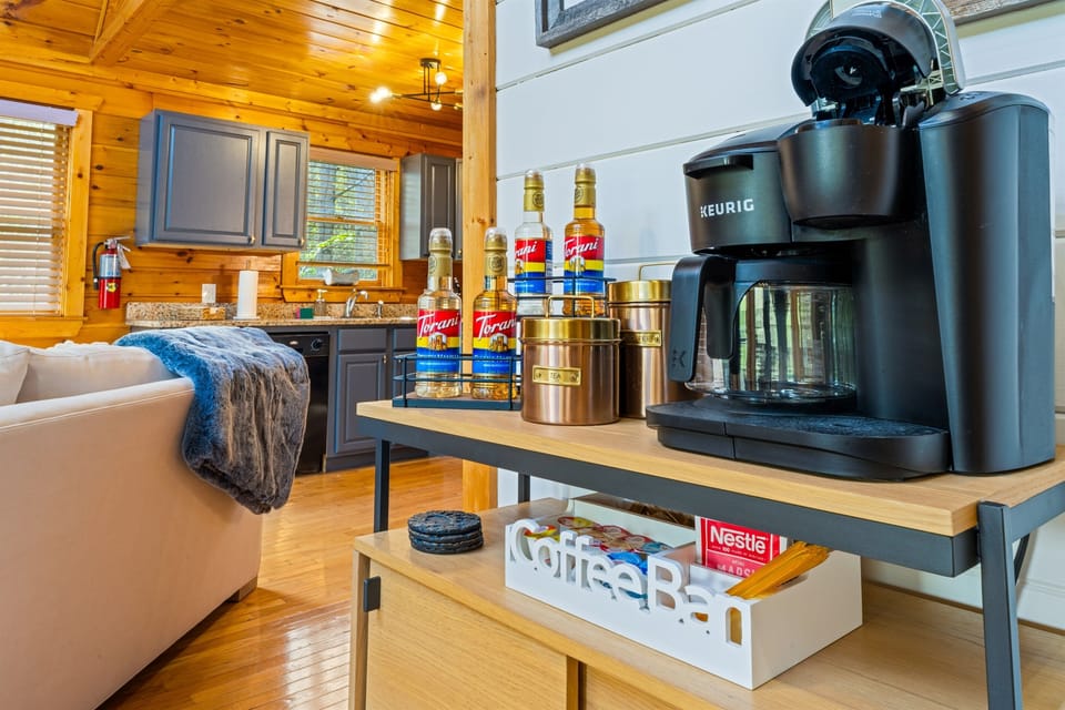 Your morning ritual is complete - a fully stocked coffee bar with Keurig K-cup option or drip (whichever way!), French press if desired, Torani syrups, tea selection and hot cocoa awaits you every day of your stay. 