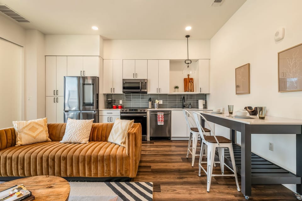 Unwind in the comfortable living area, complete with a smart tv offering streaming services and stay connected with high-speed WiFi throughout.