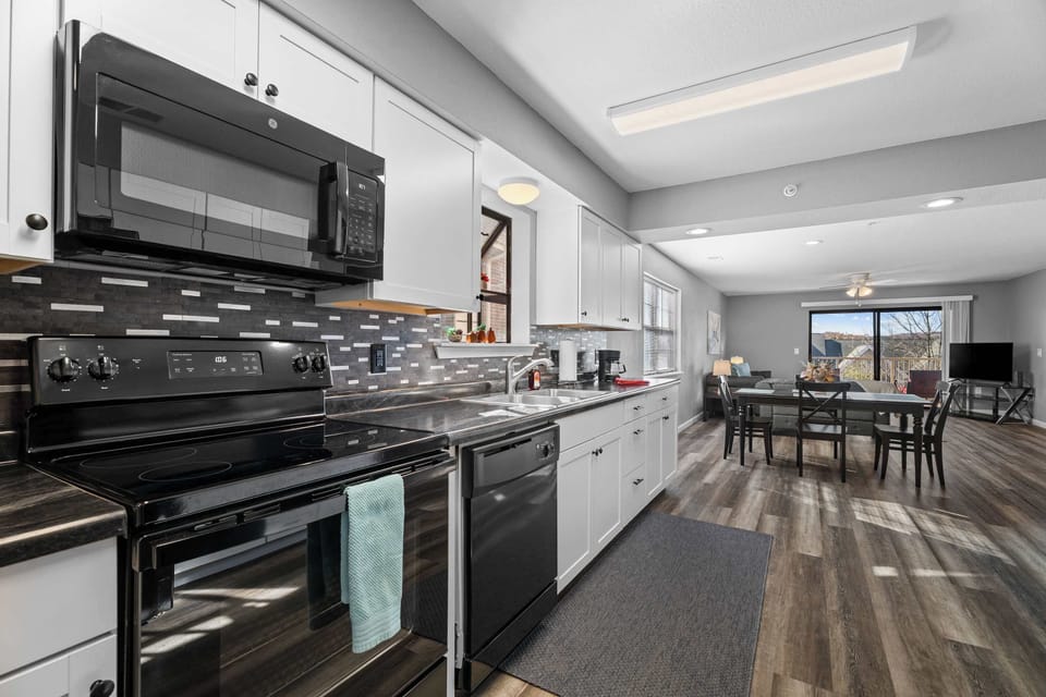 The kitchen offers a large cooking space.