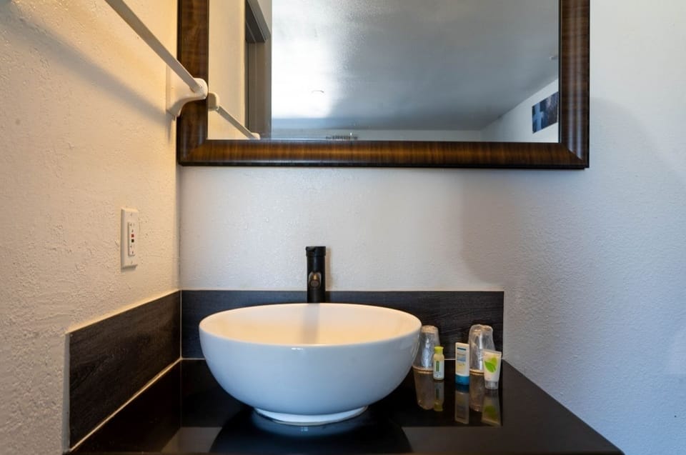 Enjoy a quick refresh at the sleek basin and counter.