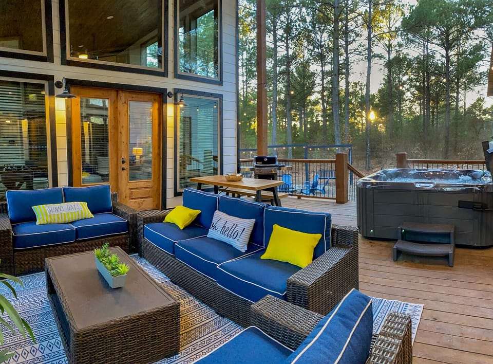 Lounge by the fire, soak in the hot tub, and take in peaceful forest views at Piece of the Moon.