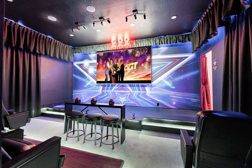 Take center stage for karaoke nights, we have a karaoke system with 30,000+ songs and cordless microphones and surround sound, or simply sink into the seats for movie night!