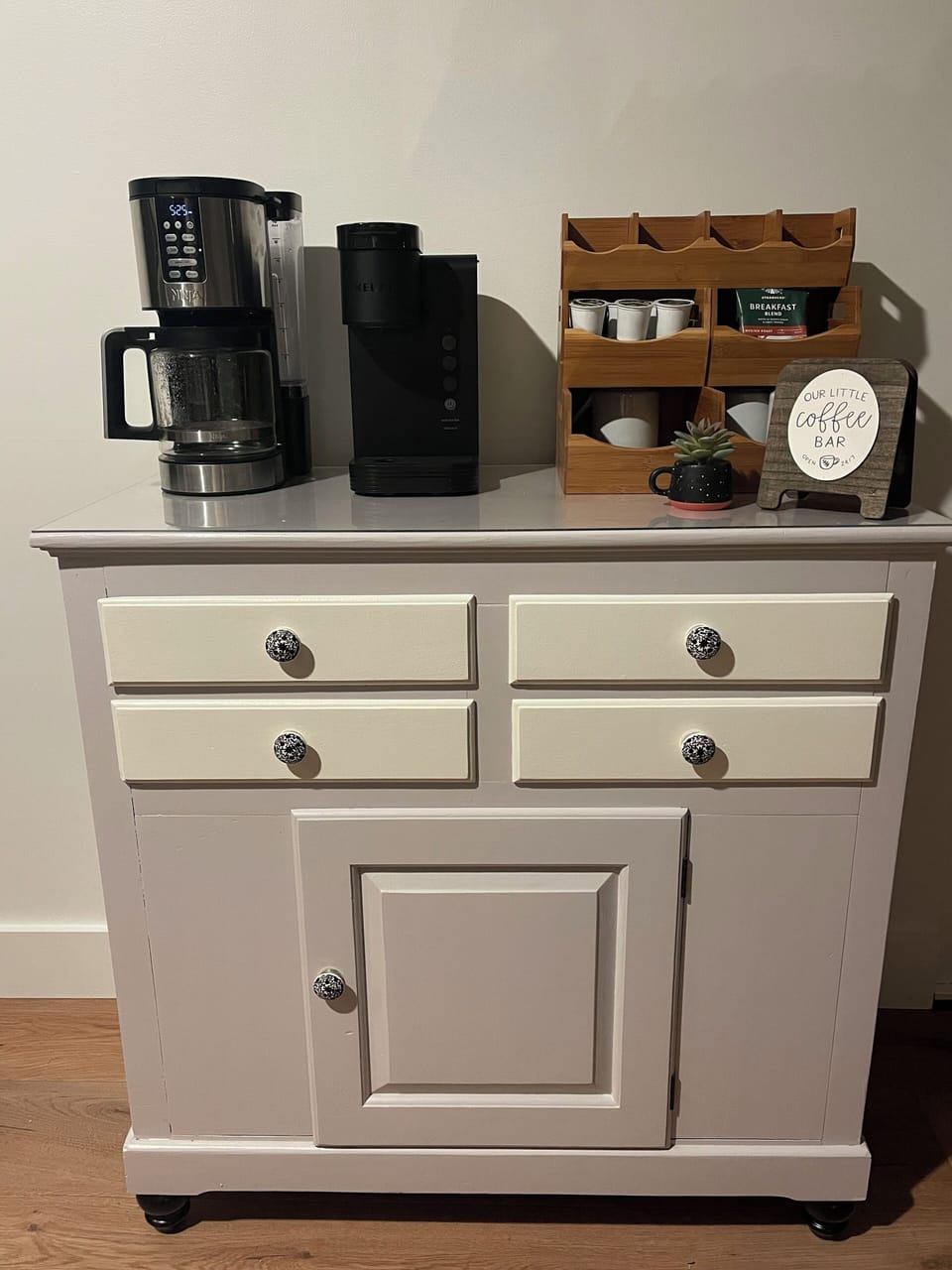 Coffee bar with drip coffee maker and Keurig