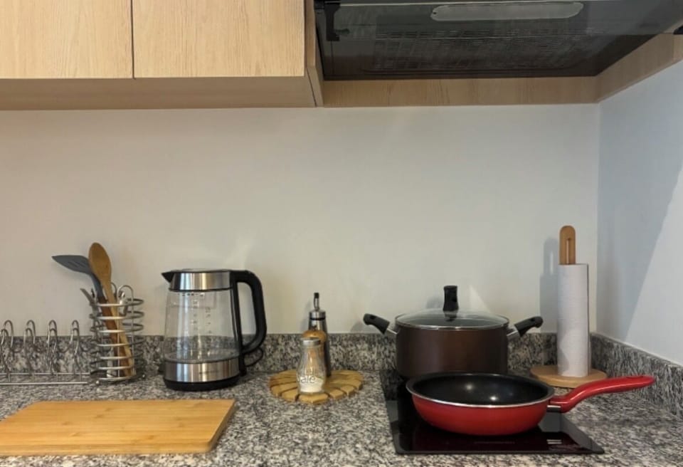 Equipped kitchen with stove, utensils, kettle and cooking essentials