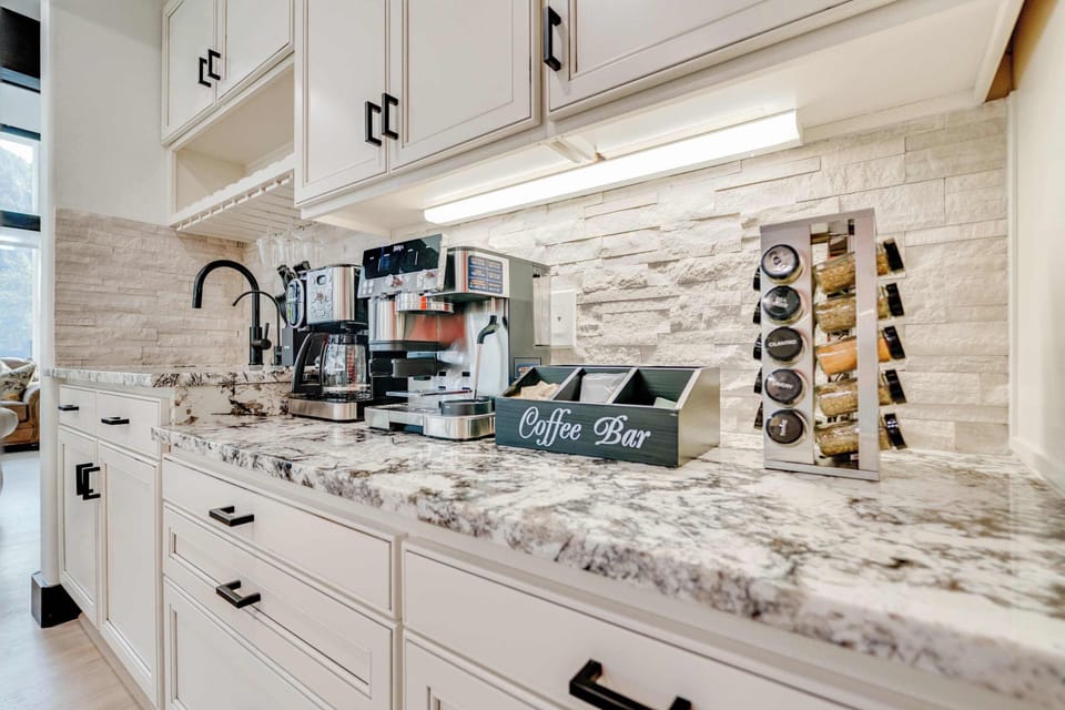The coffee bar with espresso, french press, drip, and more!  Leika Haus is sure to meet your entertainment needs!