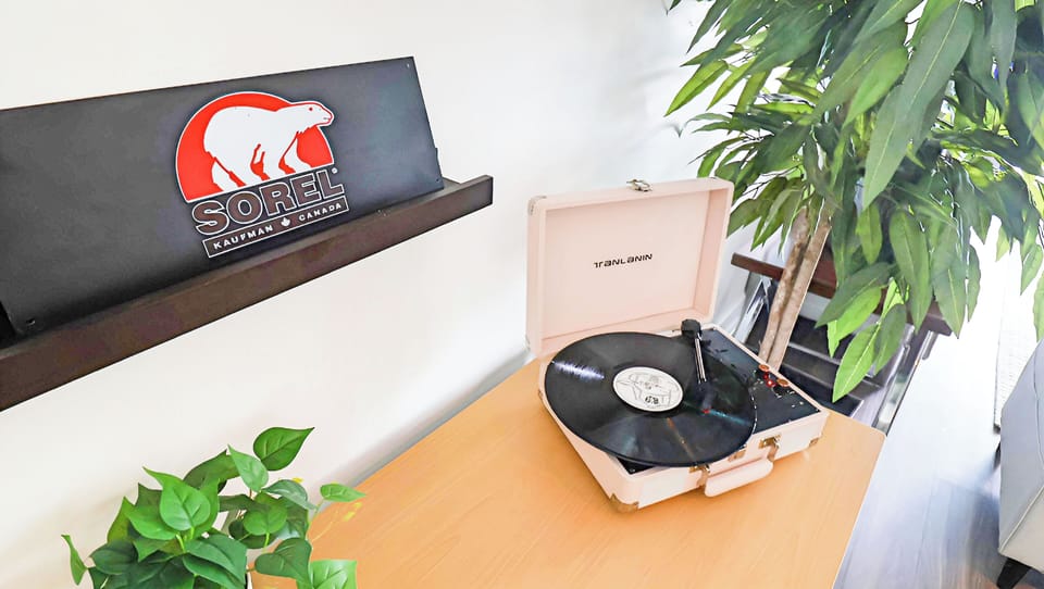 Put a record on! Pink turntable and vinyl in the living space.