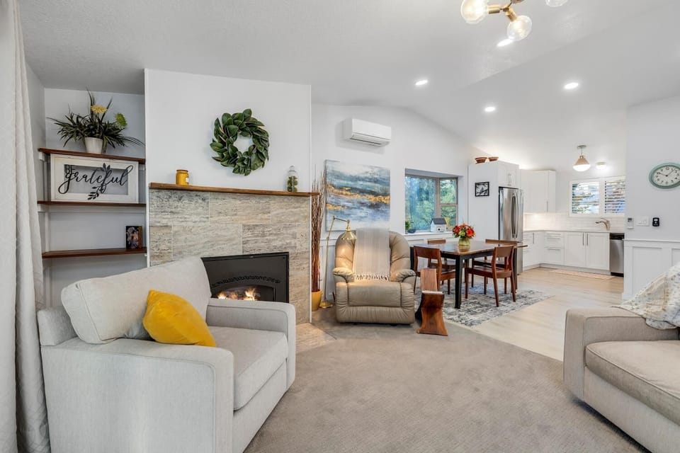 Totally remodeled great room with high-end furniture and spacious feel.  