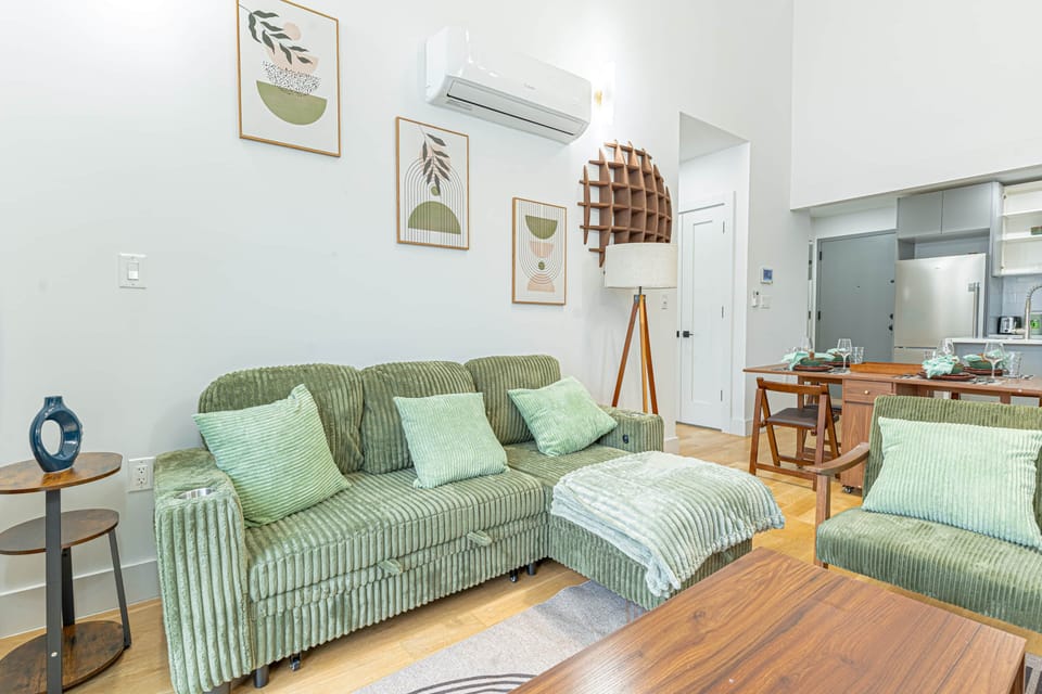 Plush sofa bed ideal for napping or reading after a busy day in the city.