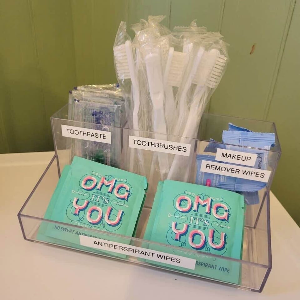 All shared bathrooms feature amenities like these (toothpaste, toothbrushes, makeup remover wipes and antiperspirant wipes).