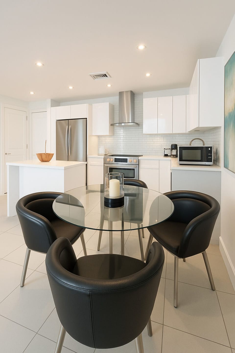 Elegant glass dining table paired with modern leather chairs.