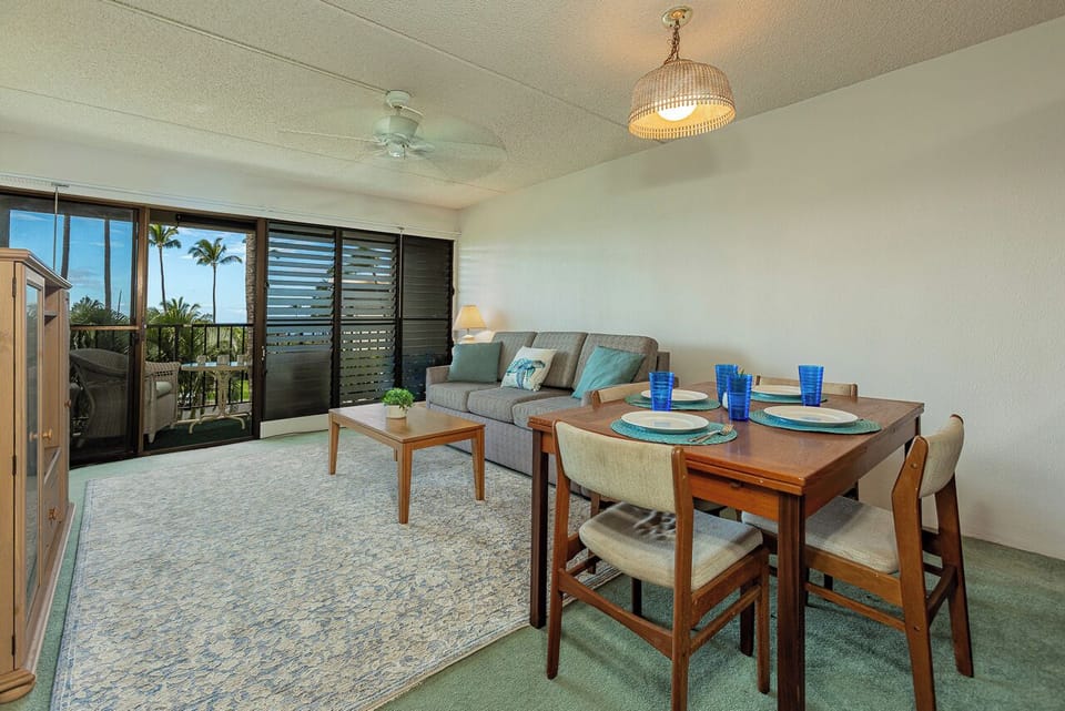 Open concept living with generous table for four