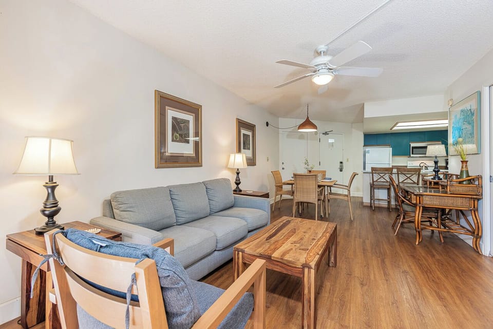 Open layout with soft tones and a calming island feel