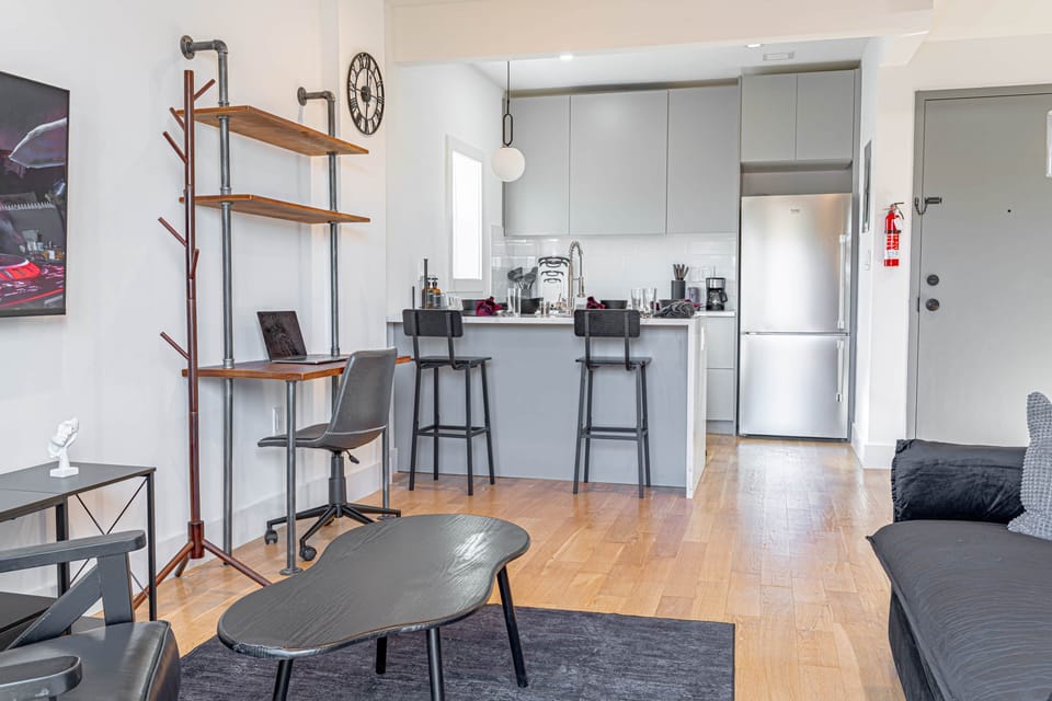 Brand-new stainless fridge in Scandinavian kitchen keeps groceries fresh during longer stays