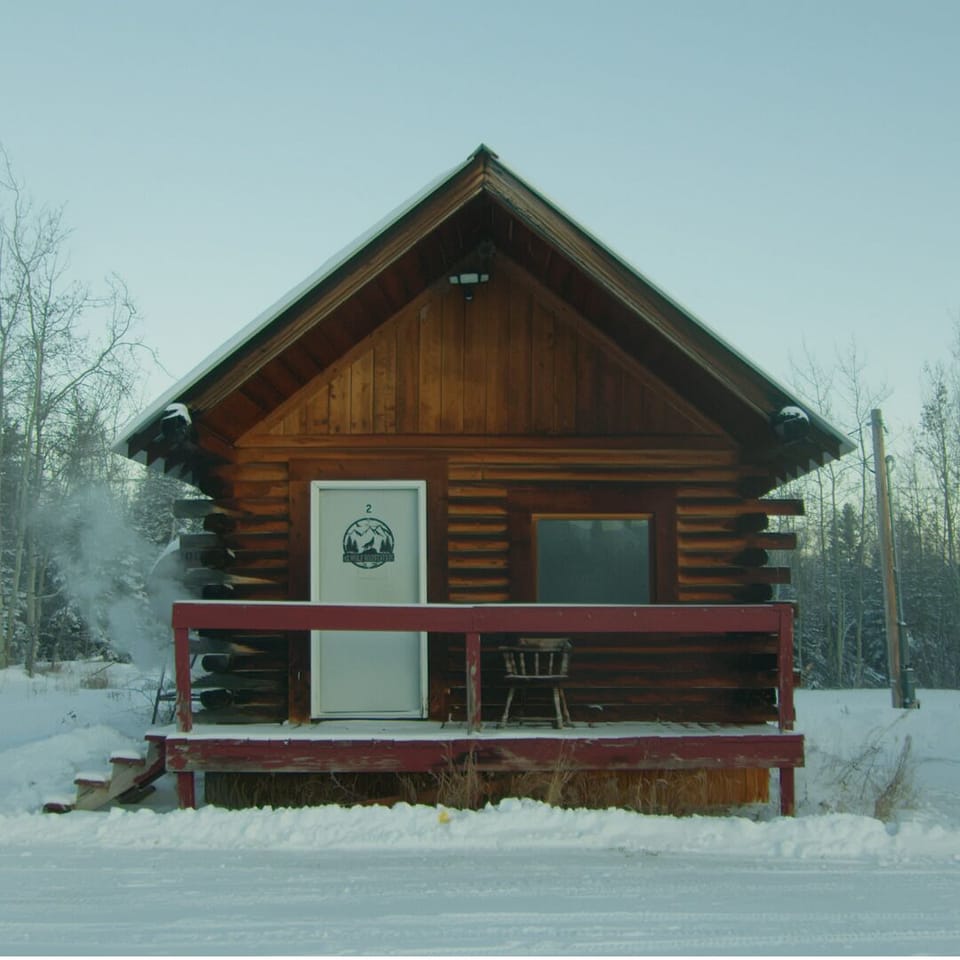 Cozy log cabin with porch and wood stove, set in a quiet snowy forest.