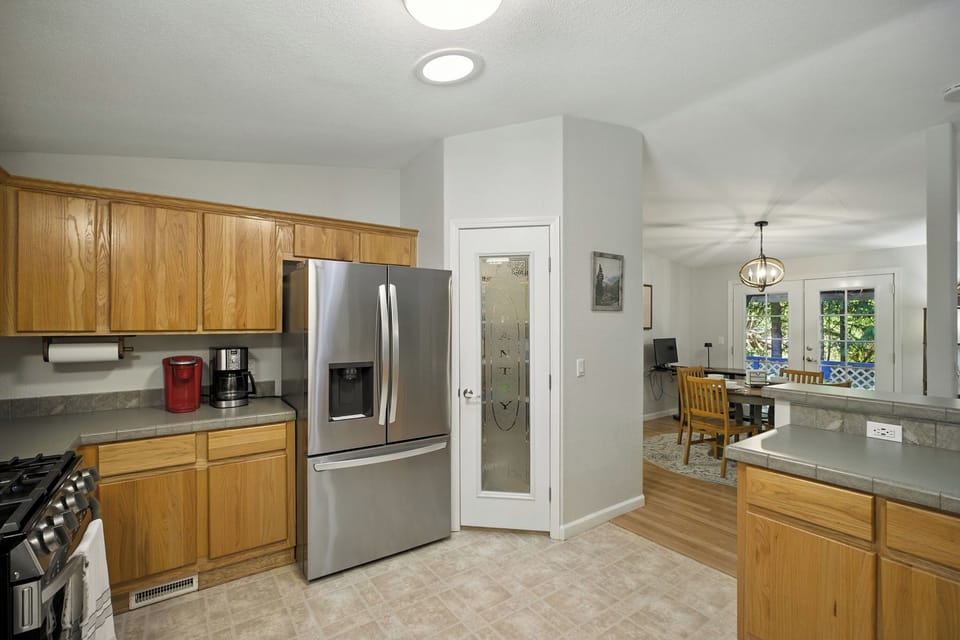 The kitchen is well stocked with everything you would need for meal prep and morning routine, including drip coffee maker or Keurig.