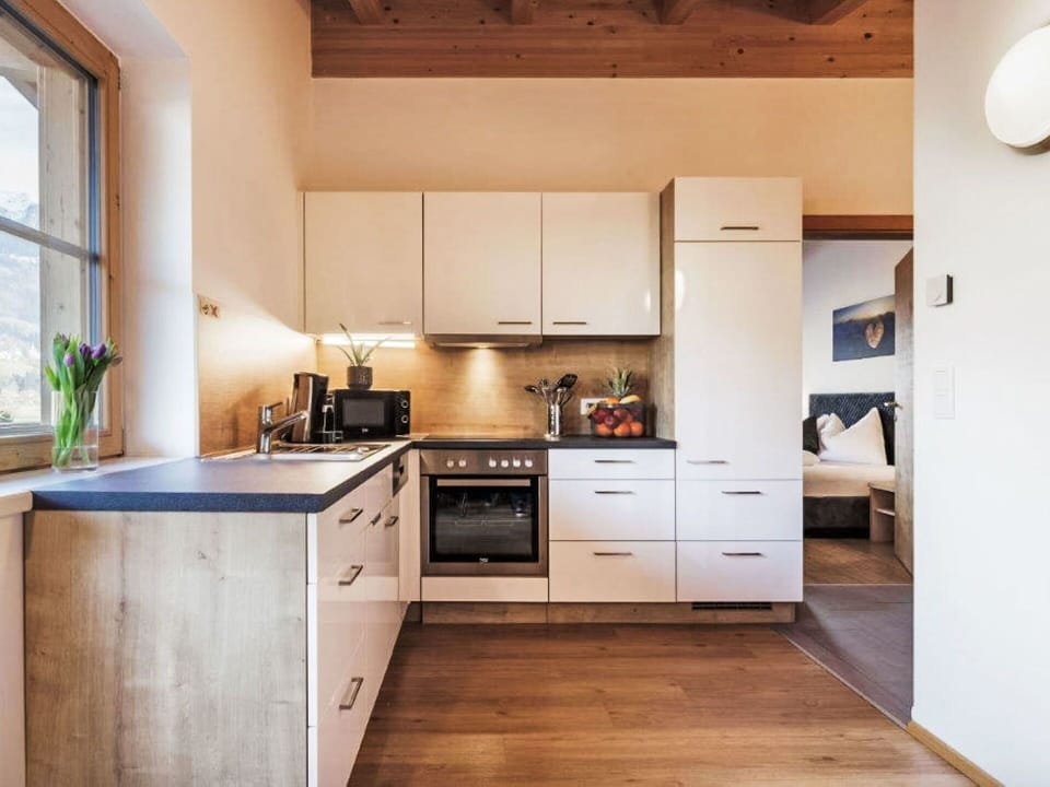 Kitchen, Interior Design, Furniture, Flooring, Wood, Kitchen Appliance, Countertop, Ceiling, Cabinetry, Floor