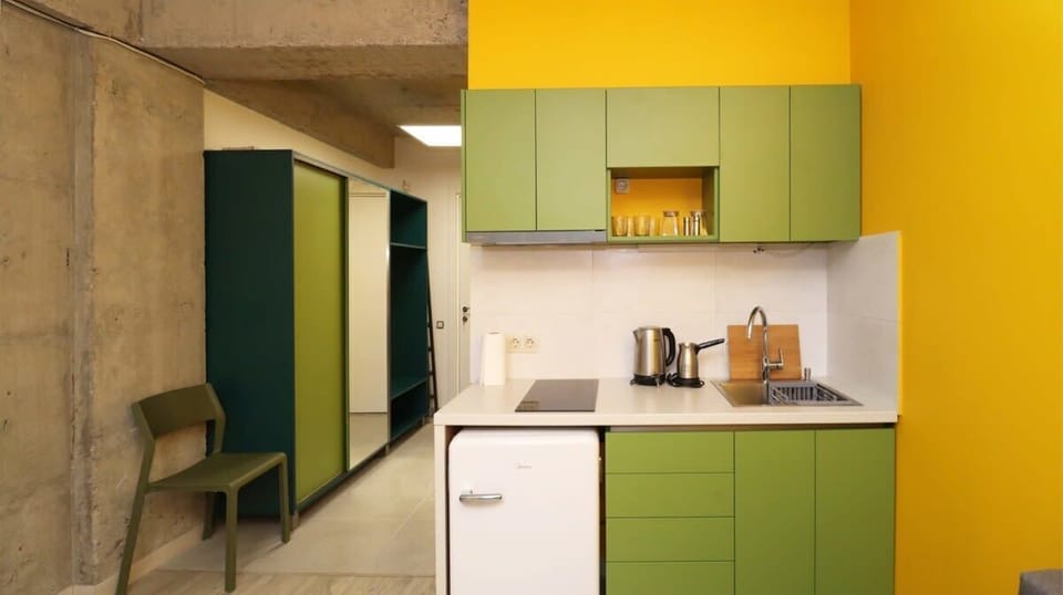 There is a green wardrobe with a big mirror in the entrance on the right side, and a bathroom on the left.