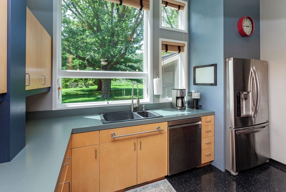 Kitchen with backyard view