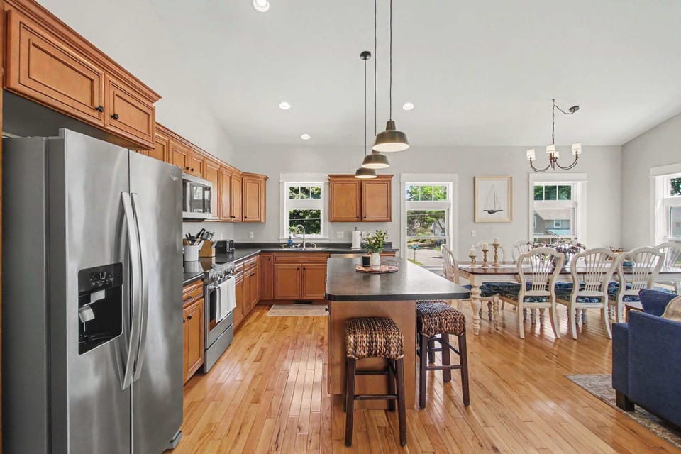 Fully equipped with high-end appliances and ample counter space for preparing family feasts.