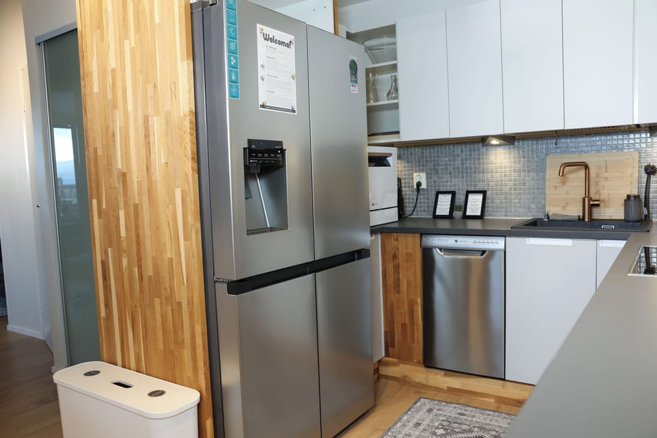 Side by side fridge/freezer, ice machine, 2 dishwashers, microwave 